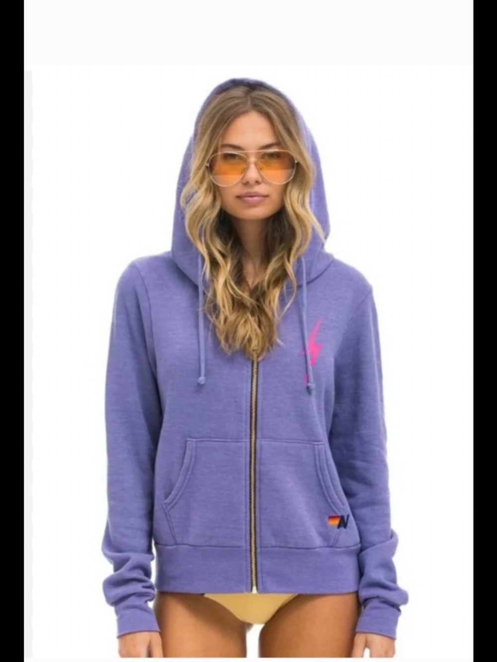 Aviator Nation Zip Up Hoodie Sweatshirt Lavender with Pink Bolt